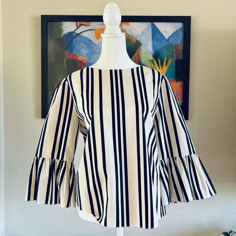 Alice + Olivia | Bernice Ruffle Trimmed Striped Cotton Top Size L